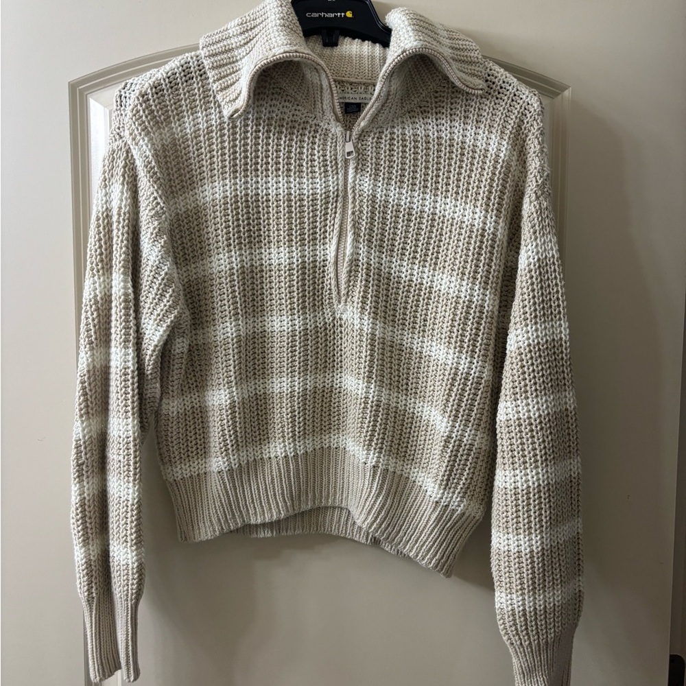 American Eagle Outfitters Beige and White Cowl Neck Sweater